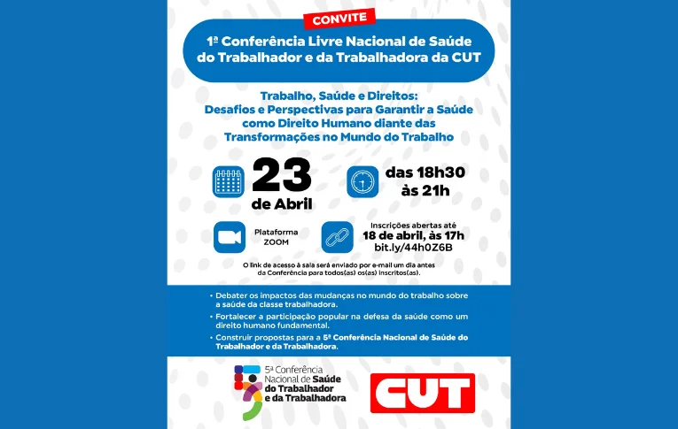CUT fará Conferência Livre de Saúde do Trabalhador, preparatória à CNSTT, no dia 23 